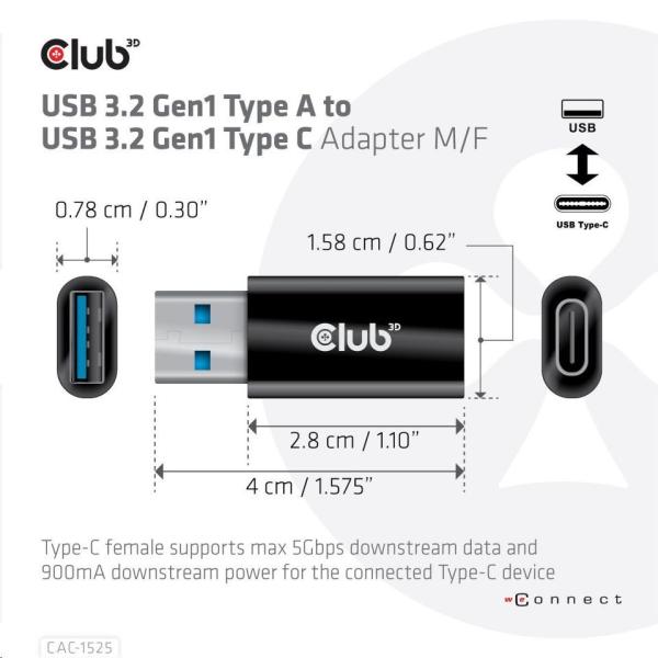 Adaptér Club3D USB 3.2 Gen1 typu A na USB 3.2 Gen1 typ C (M/ F),  čierna1