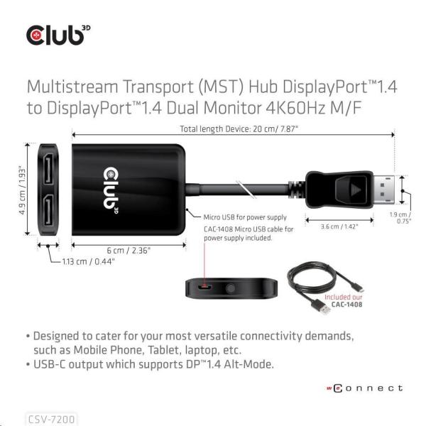 Videoadaptér Club3D MST (Multi Stream Transport) DisplayPort 1.4 na DisplayPort 1.4 Duálny monitor 4K60Hz (M/ F),  čierny0