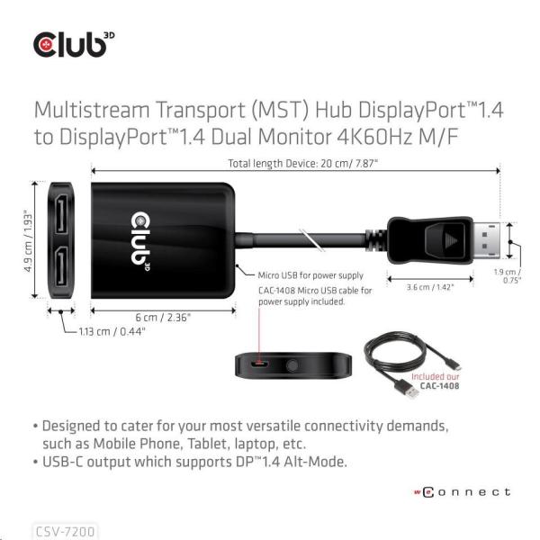 Videoadaptér Club3D MST (Multi Stream Transport) DisplayPort 1.4 na DisplayPort 1.4 Duálny monitor 4K60Hz (M/ F),  čierny2