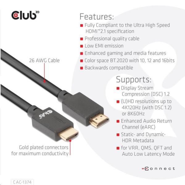 Club3D Kabel Ultra Rychlý HDMI™,  4K120Hz,  8K60Hz Cable 48Gbps (M/ M),  28AWG,  4m3