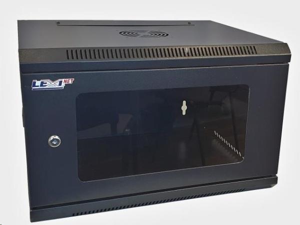 LEXI-Net 19" nástěnný rozvaděč 6U 600x450,  nosnost 60 kg,  skleněné dveře,  rozložený,  černý1