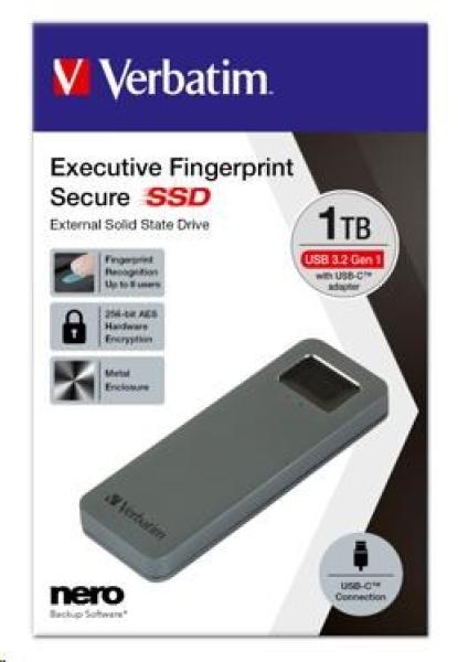 VERBATIM Externý SSD disk 1 TB,  Executive Fingerprint Secure SSD,  USB 3.2 Gen 1/ USB-C,  (W:356 MB/ s,  R:344 MB/ s),  sivá1