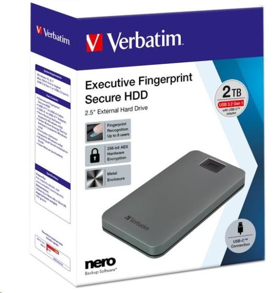 VERBATIM externý HDD 2.5" 2TB,  Executive Fingerprint Secure,  USB 3.2 Gen 1 /  USB-C,  sivá0