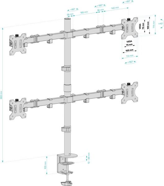 CONNECT IT QuadroArm Základný stolový držiak pre 4 monitory,  čierny1
