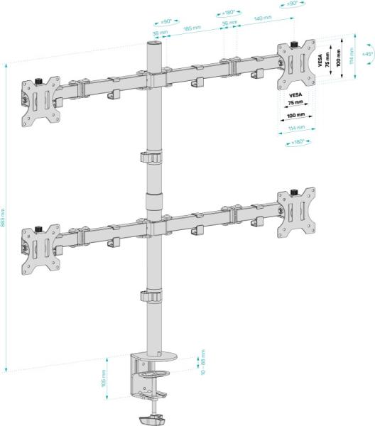 CONNECT IT QuadroArm Základný stolový držiak pre 4 monitory,  čierny3