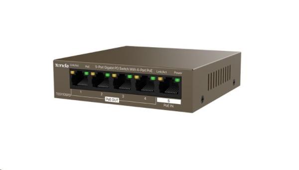 Tenda TEG1105PD - 5-portový PoE PD Gigabit Ethernet Switch,  1x PoE IN,  4x PoE OUT,  kovový,  bez ventilátora3