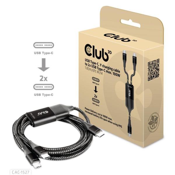 Nabíjací kábel Club3D USB Type-C,  nabíjací kábel Y na 2x USB Type-C max. 100W,  1.83m/ 6ft M/ M