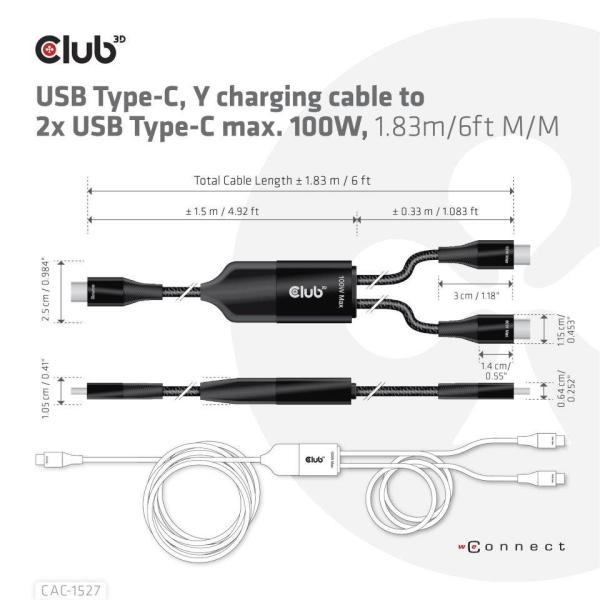 Nabíjací kábel Club3D USB Type-C,  nabíjací kábel Y na 2x USB Type-C max. 100W,  1.83m/ 6ft M/ M5