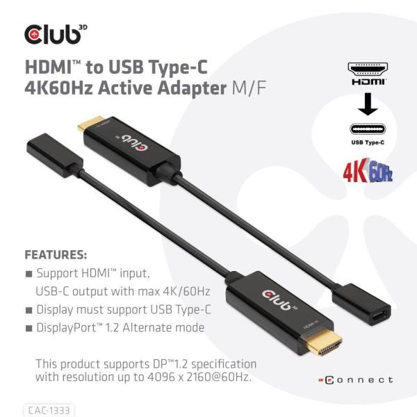 Club3D Aktívny adaptér HDMI na USB-C,  4K60Hz,  M/ F1