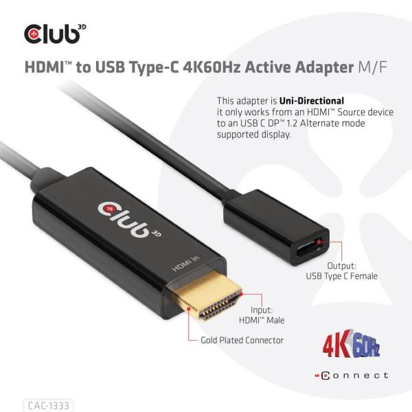 Club3D Aktívny adaptér HDMI na USB-C,  4K60Hz,  M/ F4