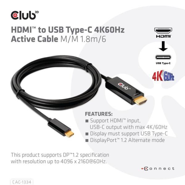 Club3D aktívny kábel HDMI na USB-C,  4K60Hz,  1.8m,  M/ M1