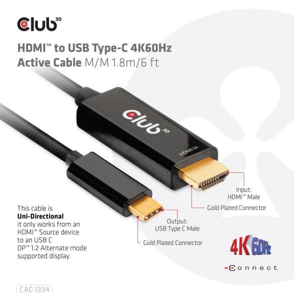Club3D aktívny kábel HDMI na USB-C,  4K60Hz,  1.8m,  M/ M4
