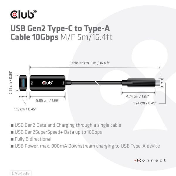 Club3D Kabel USB-C na USB-A,  10Gbps,  5m,  M/ F2