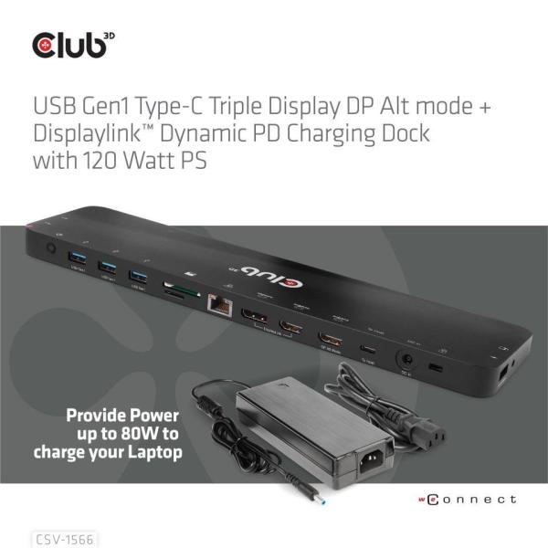 Club3D USB-C, Triple Display DP Alt mode Displaylink Dynamic PD Charging Dock so 120 W PS1