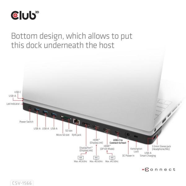 Club3D USB-C, Triple Display DP Alt mode Displaylink Dynamic PD Charging Dock so 120 W PS2