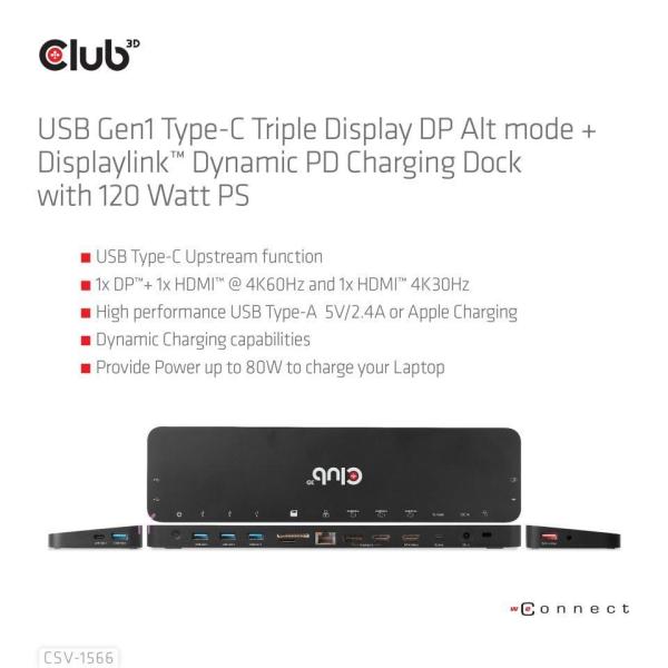 Club3D USB-C, Triple Display DP Alt mode Displaylink Dynamic PD Charging Dock so 120 W PS3