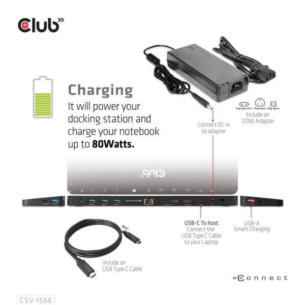 Club3D USB-C,  Triple Display DP Alt mode Displaylink Dynamic PD Charging Dock so 120 W PS4