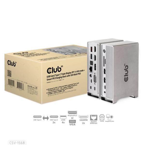 Club3D USB-C,  Triple Display DP Alt mode Displaylink Dynamic PD Charging Dock so 120 W PS