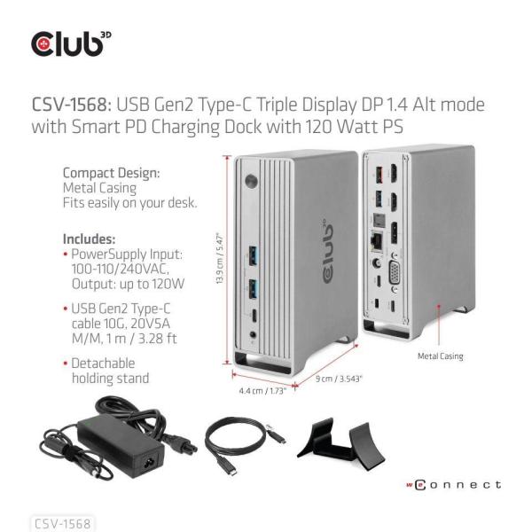 Club3D USB-C,  Triple Display DP Alt mode Displaylink Dynamic PD Charging Dock so 120 W PS3