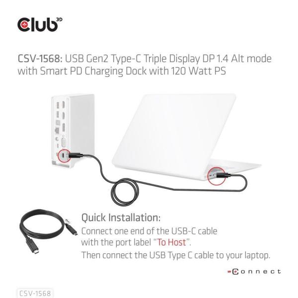 Club3D USB-C,  Triple Display DP Alt mode Displaylink Dynamic PD Charging Dock so 120 W PS4