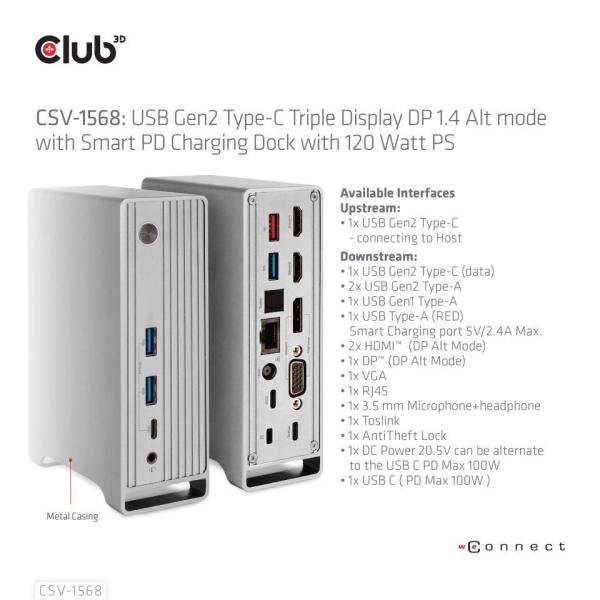 Club3D USB-C,  Triple Display DP Alt mode Displaylink Dynamic PD Charging Dock so 120 W PS7