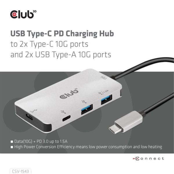 Club3D USB-C Gen2 PD hub pre 2x USB-C 10G porty a 2x USB-A 10G porty1