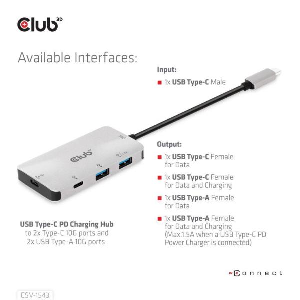 Club3D USB-C Gen2 PD hub pre 2x USB-C 10G porty a 2x USB-A 10G porty3