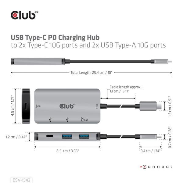 Club3D USB-C Gen2 PD hub pre 2x USB-C 10G porty a 2x USB-A 10G porty6