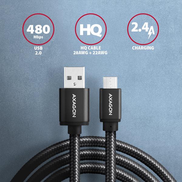 AXAGON BUMM-AM15AB,  HQ Micro <->USB-A</ -> kábel,  <->1</ ->.5 m,  USB 2.0,  2.4A,  ALU,  oplet,  čierny0