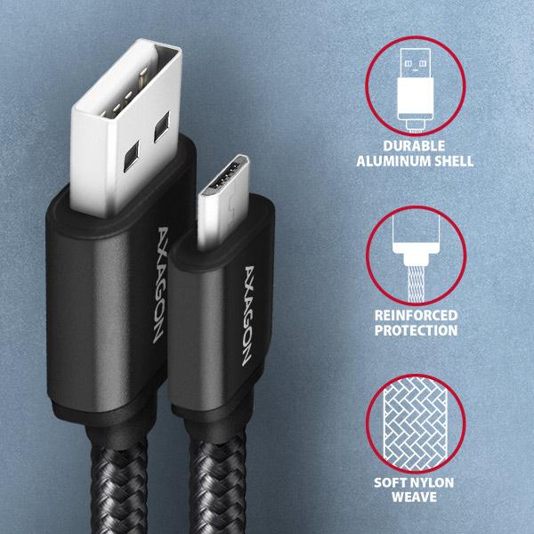 AXAGON BUMM-AM15AB,  HQ Micro <->USB-A</ -> kábel,  <->1</ ->.5 m,  USB 2.0,  2.4A,  ALU,  oplet,  čierny4