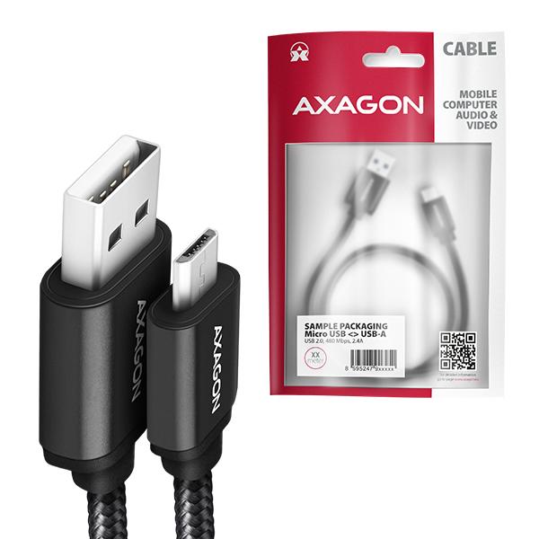 AXAGON BUMM-AM15AB,  HQ Micro <->USB-A</ -> kábel,  <->1</ ->.5 m,  USB 2.0,  2.4A,  ALU,  oplet,  čierny3