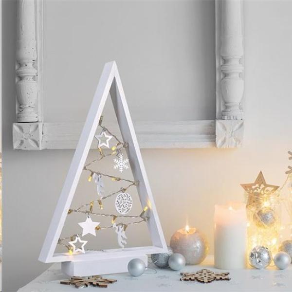 Solight LED dřevěný vánoční stromek s ozdobami,  15LED,  přírodní dřevo,  37cm,  2x AA1