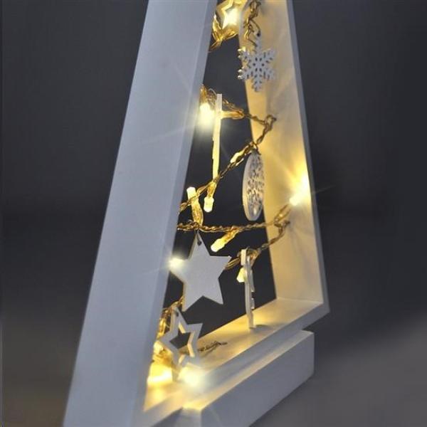 Solight LED dřevěný vánoční stromek s ozdobami,  15LED,  přírodní dřevo,  37cm,  2x AA2