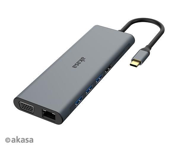 Dokovacia stanica AKASA USB-C 14v1,  USB-C (napájanie+dáta),  USB 2.0,  2xHDMI,  VGA,  RJ45,  USB 3.2,  čítačka kariet,  3, 5 mm