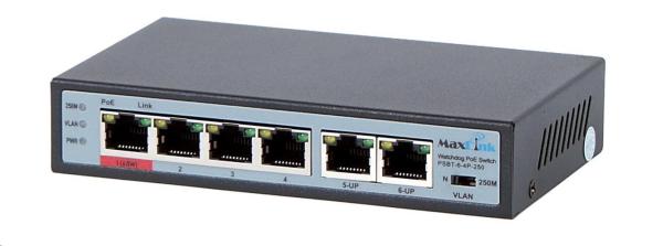 MaxLink PoE switch PSBT-6-4P-250 (náhrada za PSAT-6-4P-250),  6x LAN/ 4x PoE 250m,  802.3af/ at/ bt