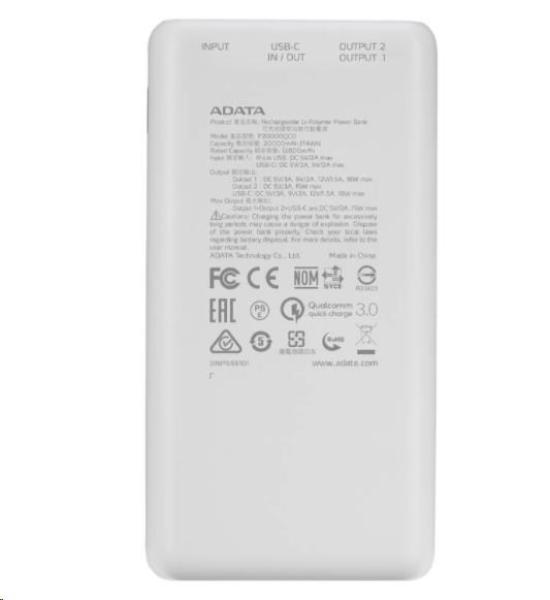 ADATA PowerBank P20000QCD - externá batéria pre mobilný telefón/ tablet 20000mAh,  2, 1A,  biela (74Wh)0