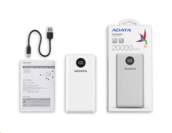 ADATA PowerBank P20000QCD - externá batéria pre mobilný telefón/ tablet 20000mAh,  2, 1A,  biela (74Wh)1