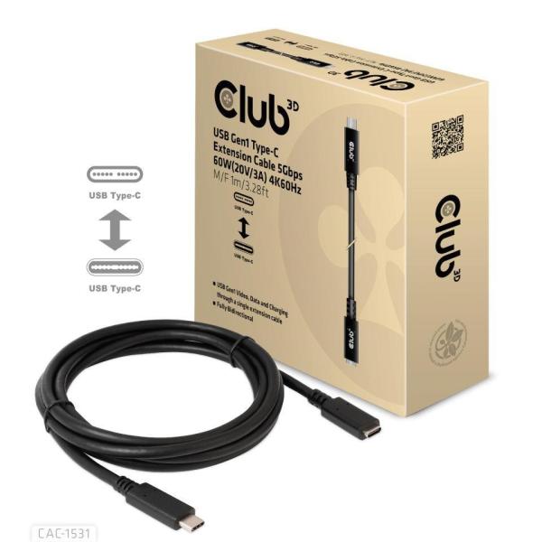 Club3D USB-C predlžovací kábel,  5Gbps,  60W(20V/ 3A),  4K60Hz (M/ F),  1m
