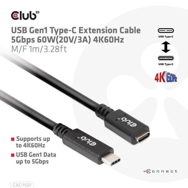 Club3D USB-C predlžovací kábel,  5Gbps,  60W(20V/ 3A),  4K60Hz (M/ F),  1m1