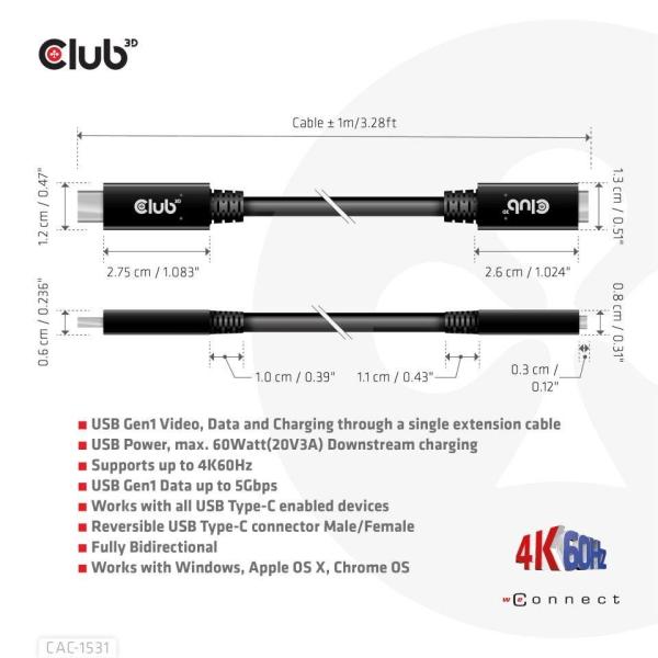 Club3D USB-C predlžovací kábel,  5Gbps,  60W(20V/ 3A),  4K60Hz (M/ F),  1m2