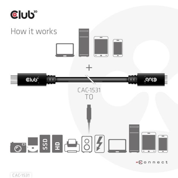 Club3D USB-C predlžovací kábel,  5Gbps,  60W(20V/ 3A),  4K60Hz (M/ F),  1m3