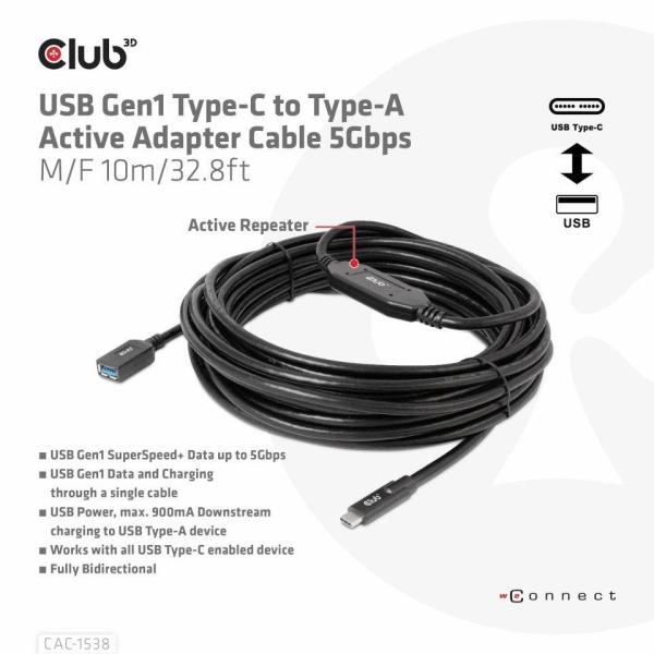 Club3D Kabel USB-C na USB-A,  Aktivní adaptér/ kabel,  5 Gbps (M/ F),  10m1