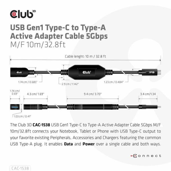 Club3D Kabel USB-C na USB-A,  Aktivní adaptér/ kabel,  5 Gbps (M/ F),  10m2