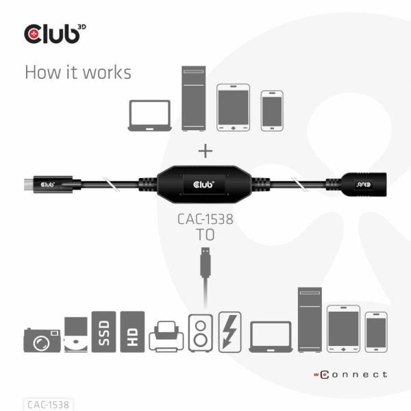 Club3D Kabel USB-C na USB-A,  Aktivní adaptér/ kabel,  5 Gbps (M/ F),  10m3
