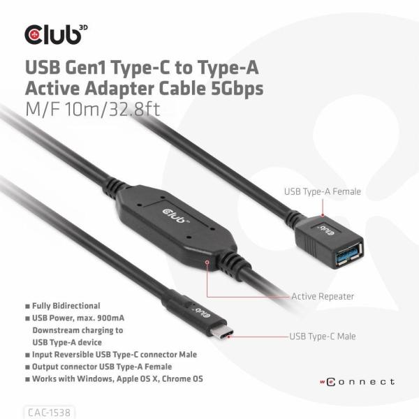 Club3D Kabel USB-C na USB-A,  Aktivní adaptér/ kabel,  5 Gbps (M/ F),  10m6