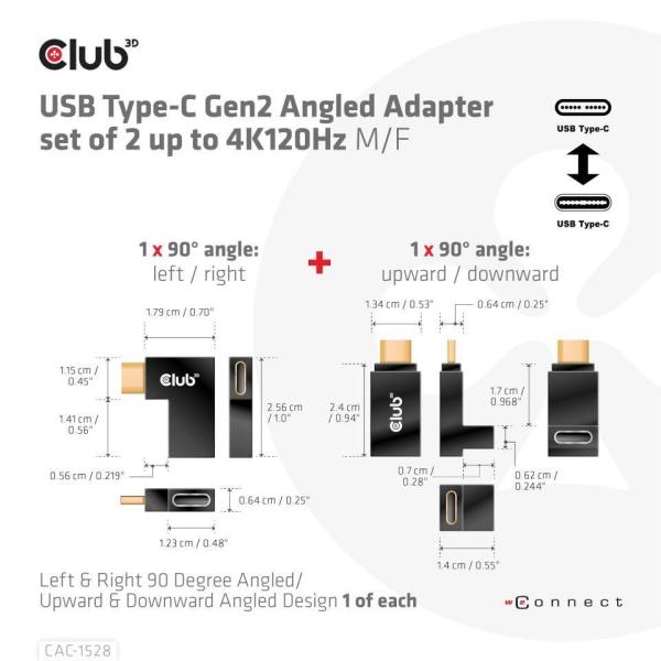 Club3D set adapterů USB-C Gen2 angled adapter set of 2,  4K120Hz,  240W,  (M/ F)2