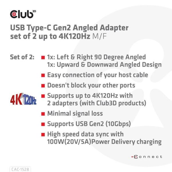 Club3D set adapterů USB-C Gen2 angled adapter set of 2,  4K120Hz,  240W,  (M/ F)4