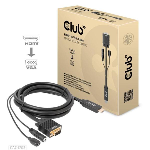 Club3D kábel HDMI na VGA,  M/ M,  28AWG,  2 m