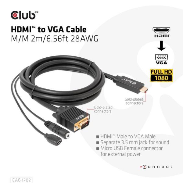 Club3D kábel HDMI na VGA,  M/ M,  28AWG,  2 m1