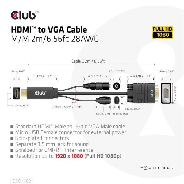 Club3D kábel HDMI na VGA,  M/ M,  28AWG,  2 m2